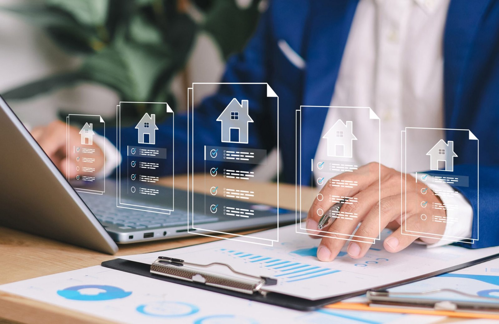 Businessman using digital tablet with virtual property documents and checklist icons. Concept of real estate technology, online mortgage, smart contract, and house investment.